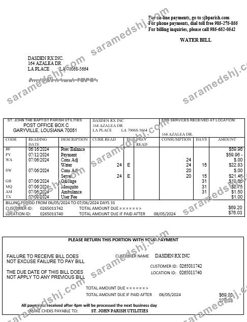 USA Louisiana St. John the Baptist Parish water business utility bill in Word and PDF formats